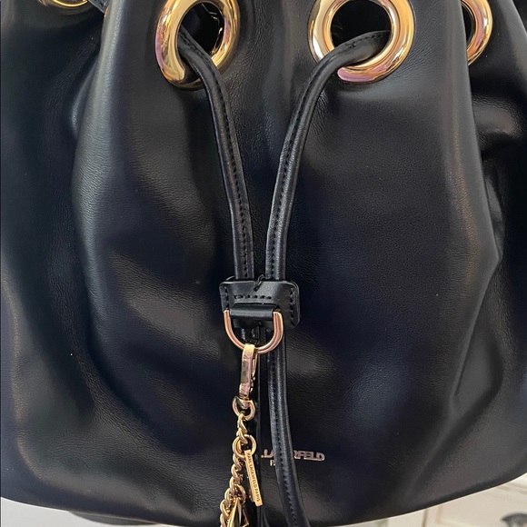 Karl Lagerfeld Black Leather Drawstring Bucket Bag - Picture 6 of 16